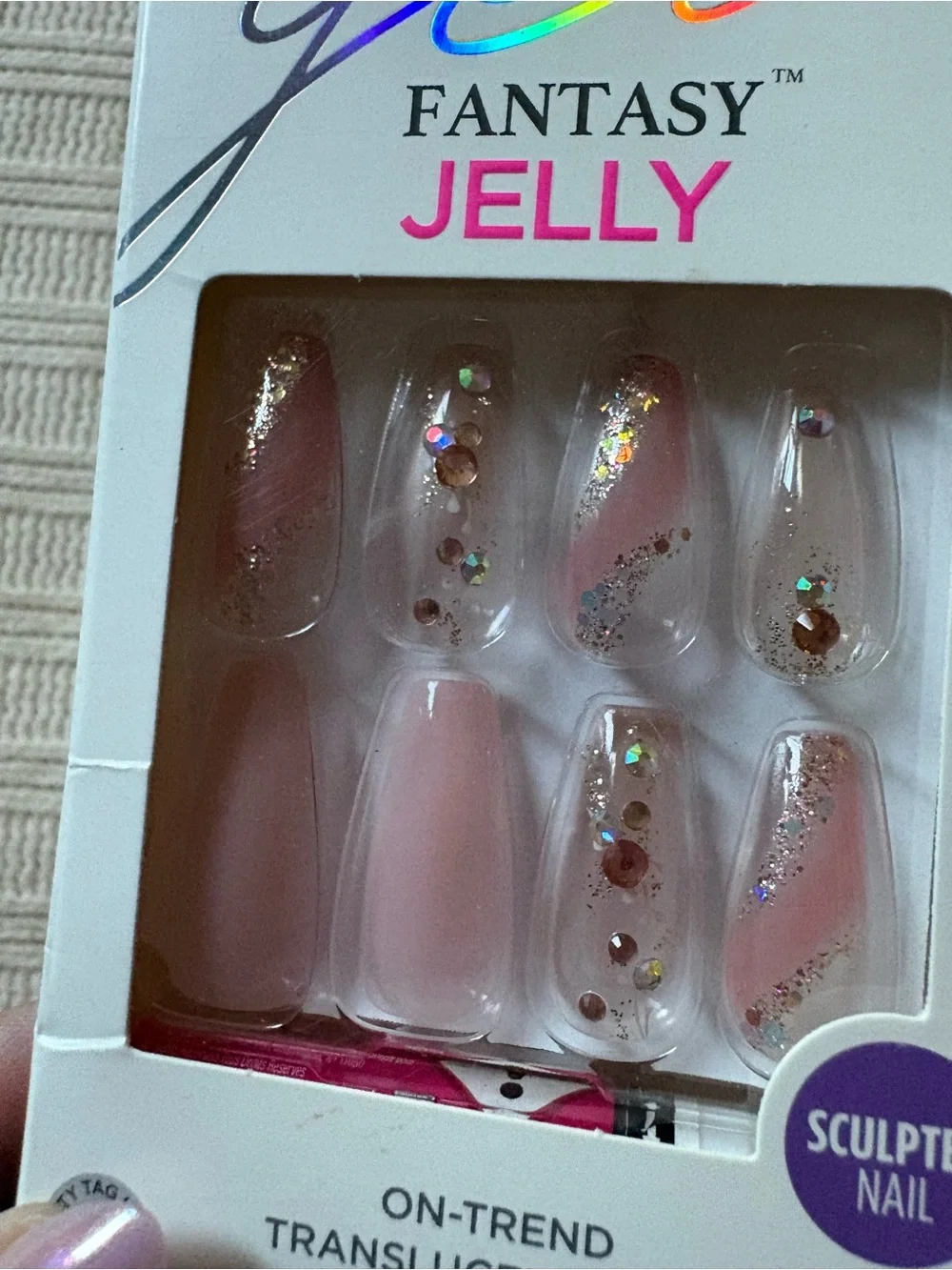 Kiss Gel Fantasy Jelly Translucent Pink Sculpted Press-On Nails with Gems